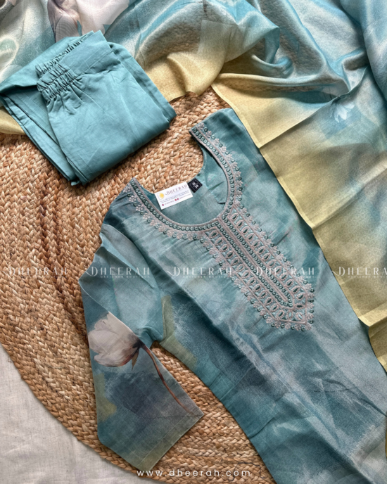 Elegant Tissue Silk Kurta Set with V Neckline Embroidery and Printed Duppatta